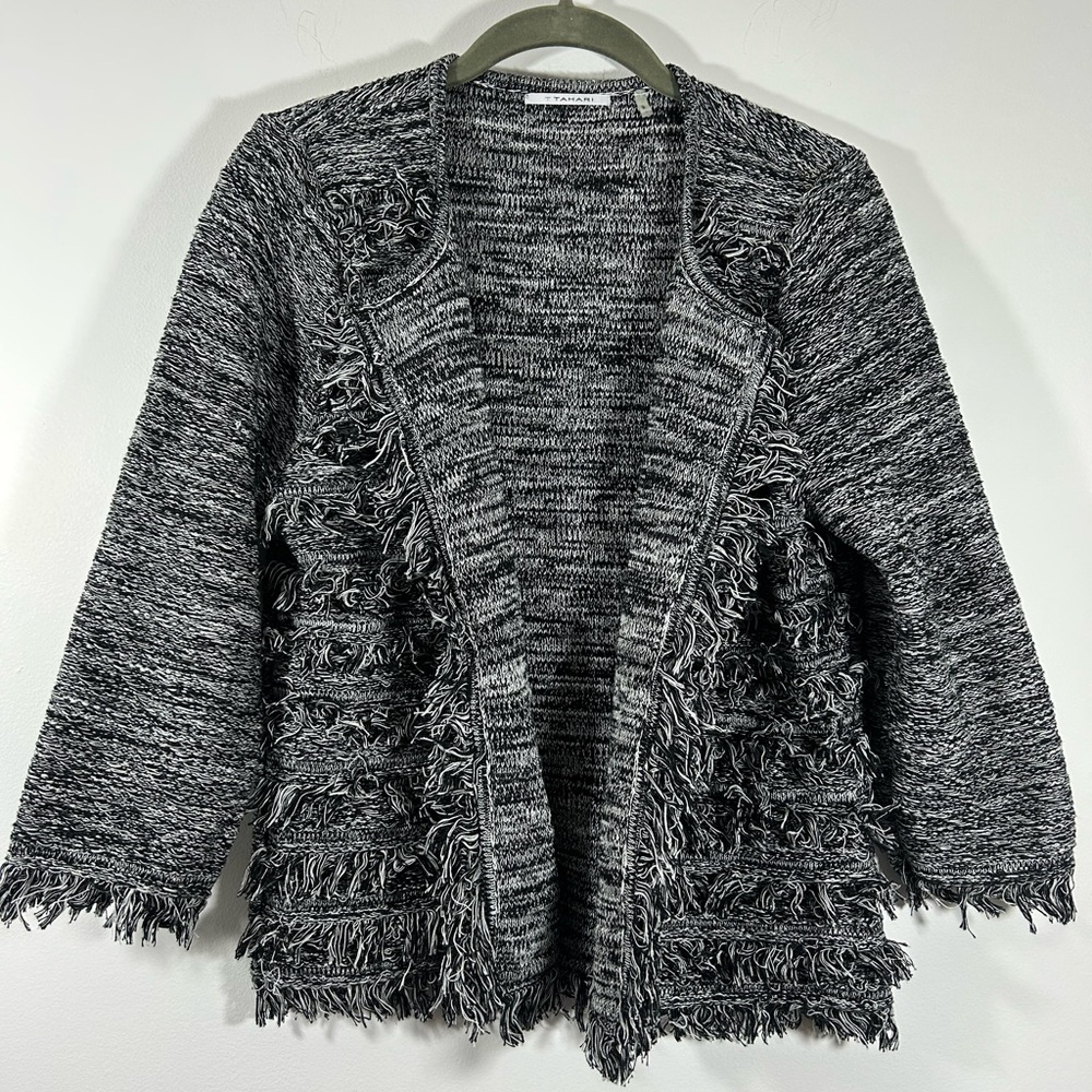 Tahari Women's Black and Gray Fringed Sweater